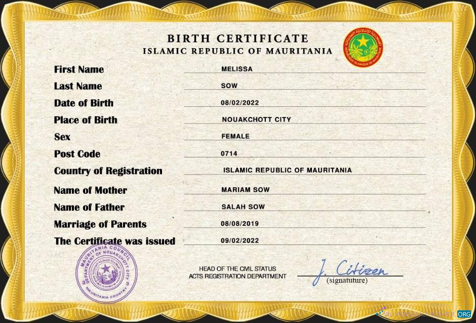 Download Mauritania birth certificate PSD template Photoshop template